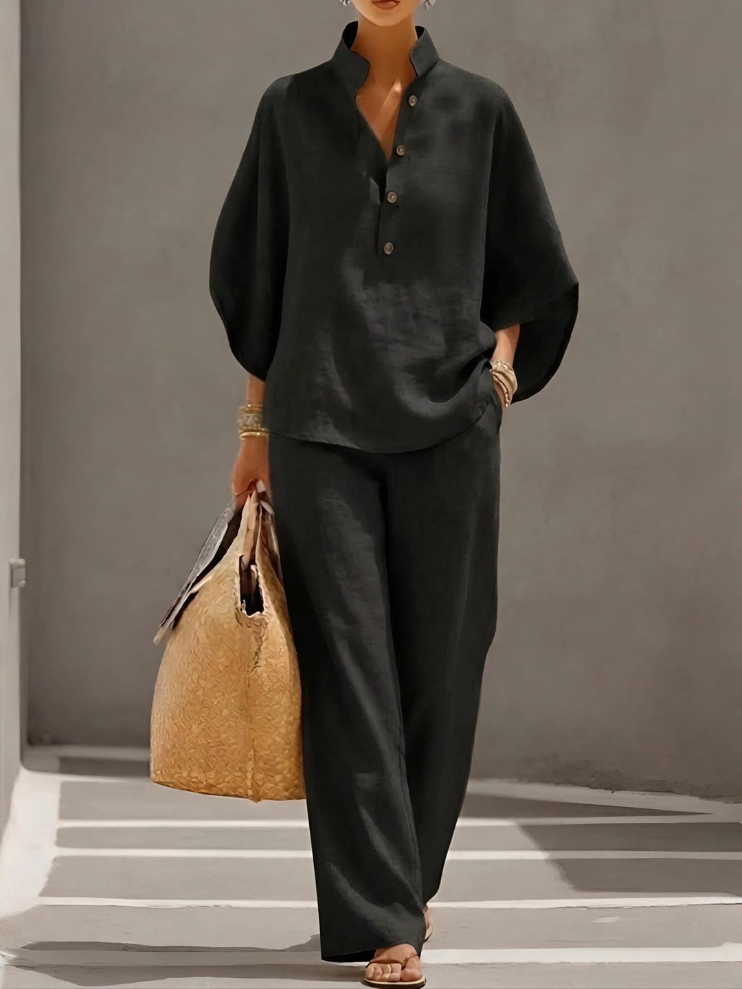 Lena | Damen Leinen Kimono-Ärmel Bluse und Weite Hose Set