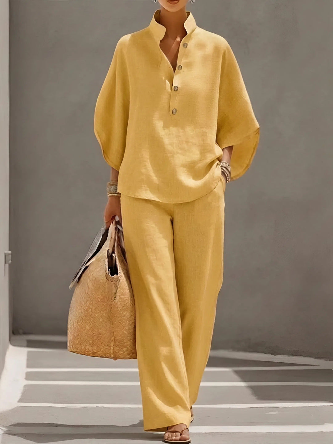 Lena | Damen Leinen Kimono-Ärmel Bluse und Weite Hose Set
