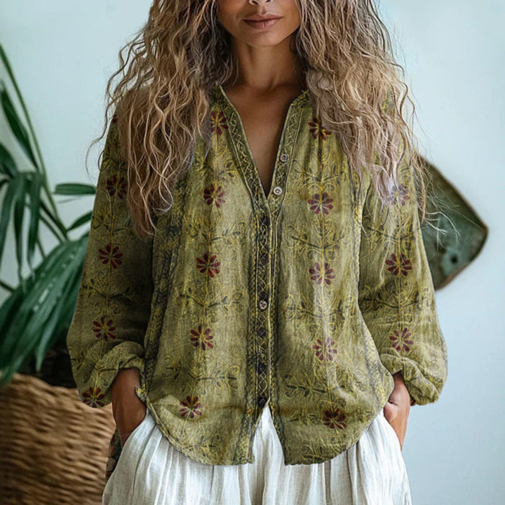 Luisa | Damen Leinen Langarm-Bluse mit V-Ausschnitt und Kontrastborte