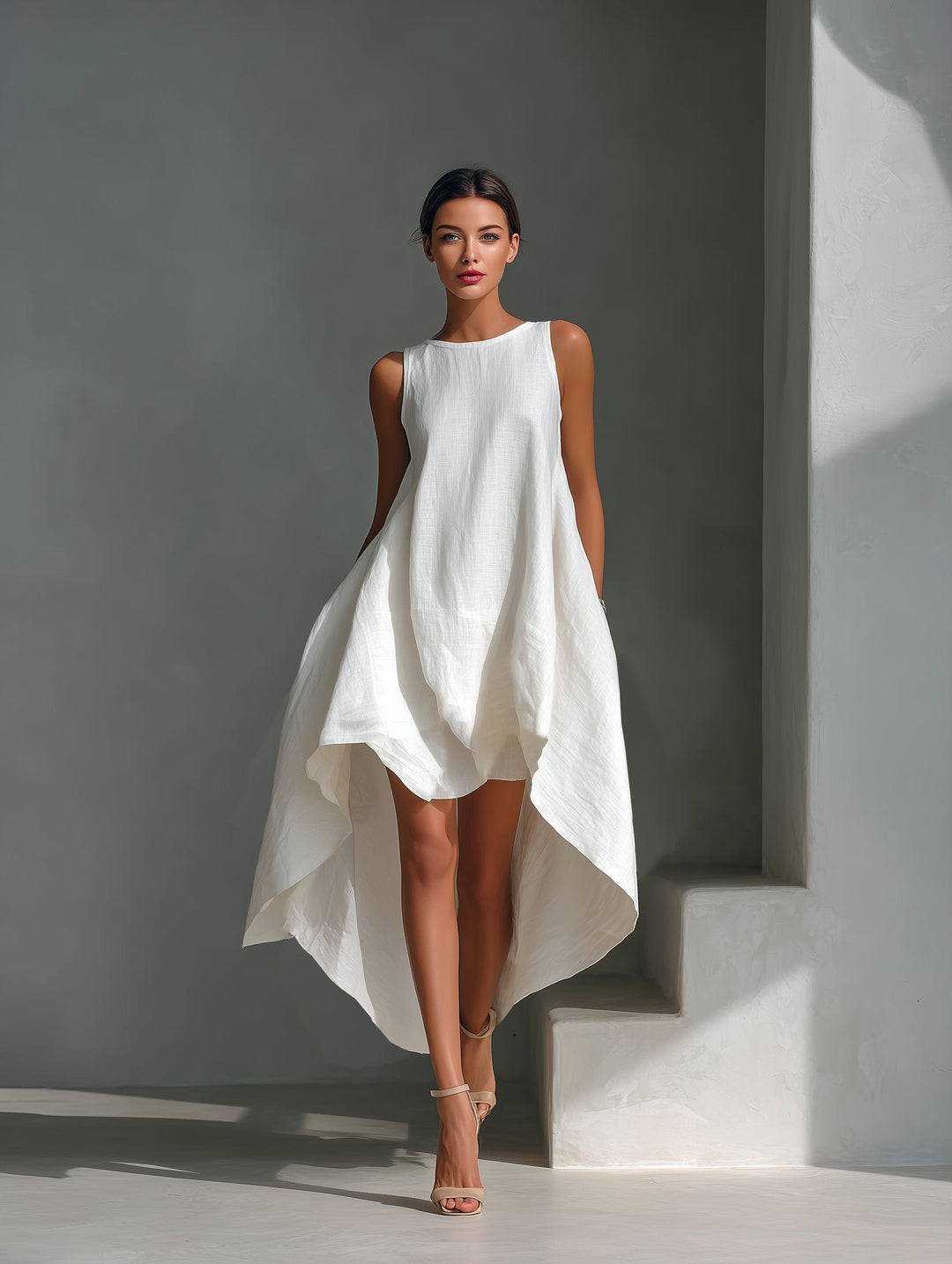 Charlotte | Damen Leinen Sommerkleid Asymmetrischer Saum Ärmelloses Midi