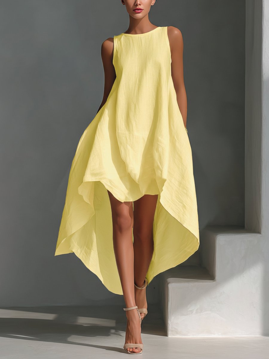 Charlotte | Damen Leinen Sommerkleid Asymmetrischer Saum Ärmelloses Midi
