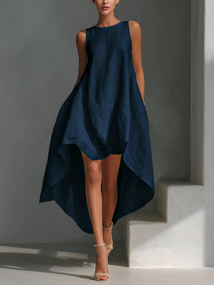 Charlotte | Damen Leinen Sommerkleid Asymmetrischer Saum Ärmelloses Midi