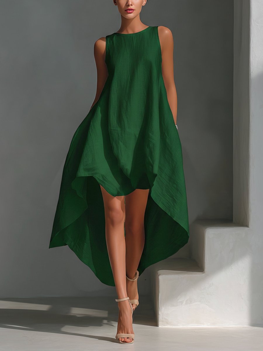 Charlotte | Damen Leinen Sommerkleid Asymmetrischer Saum Ärmelloses Midi