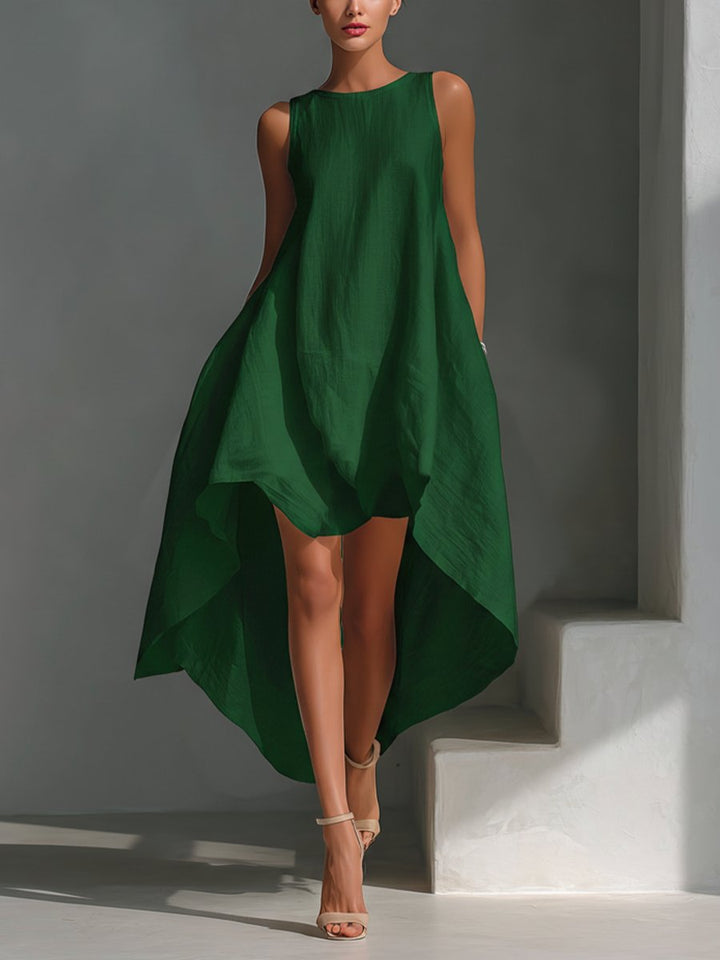Charlotte | Damen Leinen Sommerkleid Asymmetrischer Saum Ärmelloses Midi
