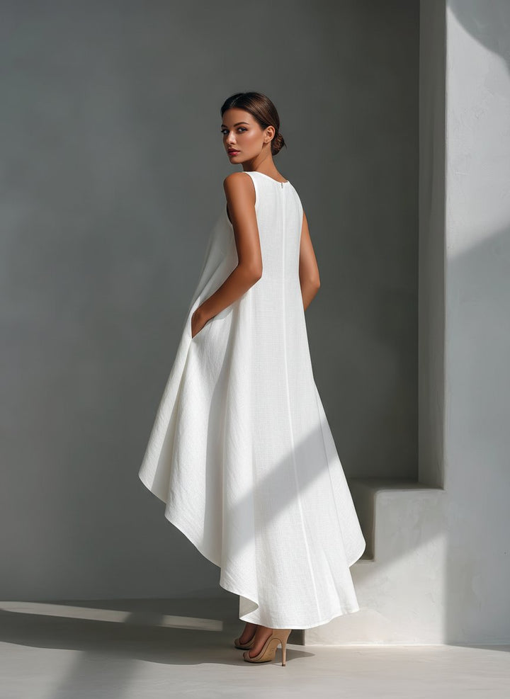Charlotte | Damen Leinen Sommerkleid Asymmetrischer Saum Ärmelloses Midi