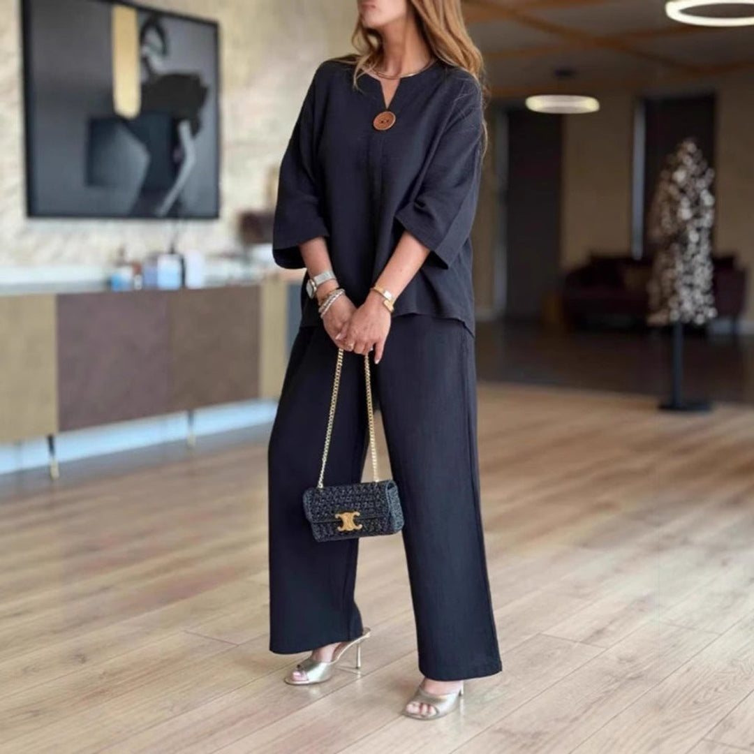 Hannah | Damen Leinen-Tunika Palazzo-Hosen Set Lässiges Zweiteiler-Outfit