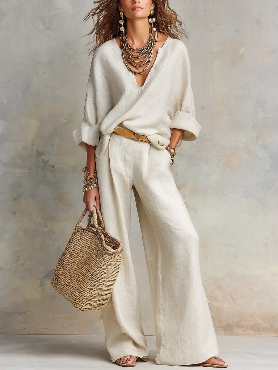Leonie | Damen Leinenoptik Zweiteiler Relaxed-Fit Wide Leg Pants Set V-Ausschnitt