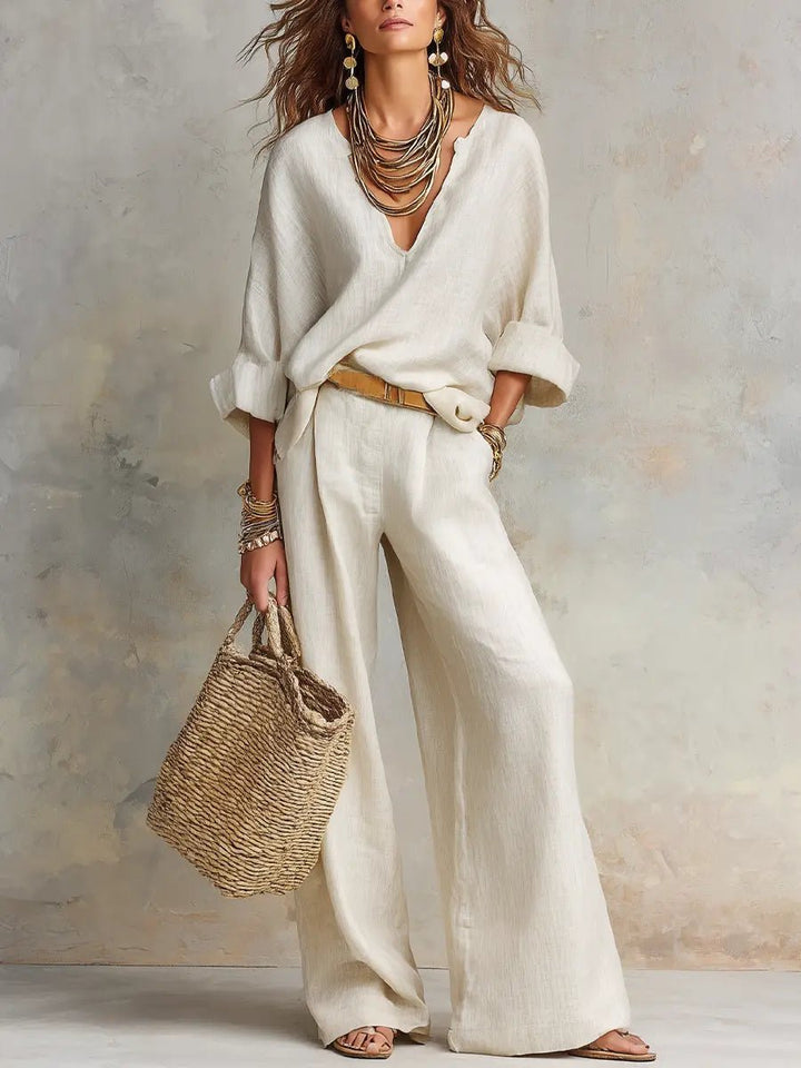 Leonie | Damen Leinenoptik Zweiteiler Relaxed-Fit Wide Leg Pants Set V-Ausschnitt