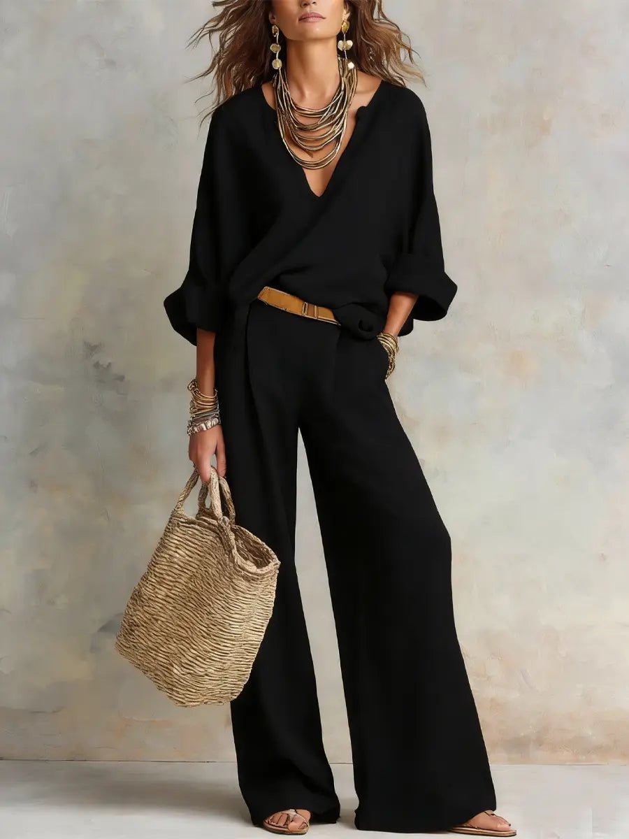 Leonie | Damen Leinenoptik Zweiteiler Relaxed-Fit Wide Leg Pants Set V-Ausschnitt
