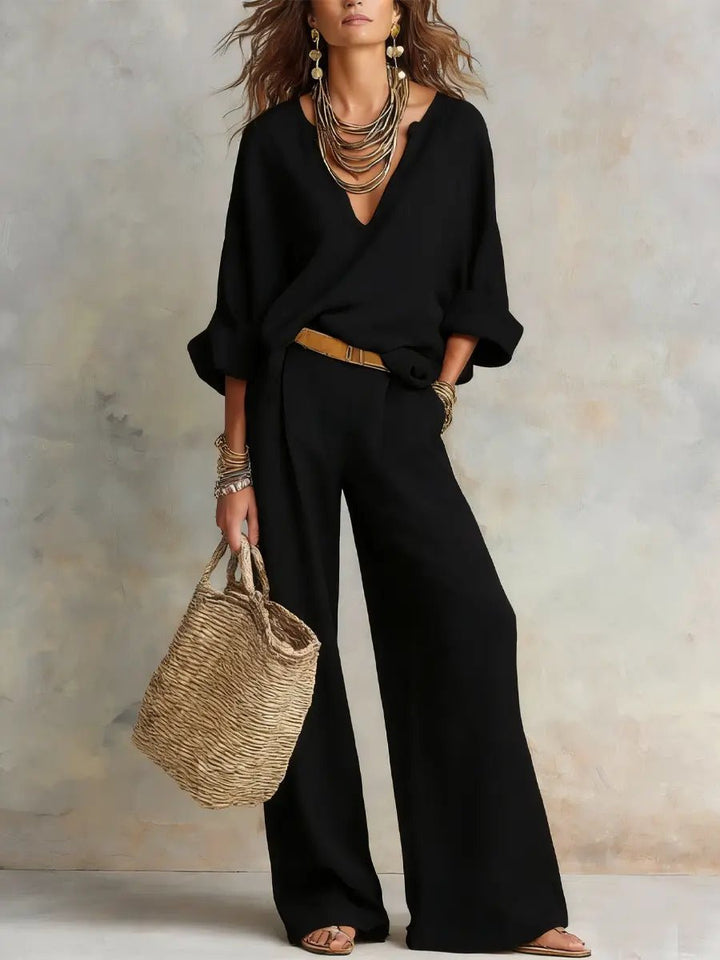 Leonie | Damen Leinenoptik Zweiteiler Relaxed-Fit Wide Leg Pants Set V-Ausschnitt
