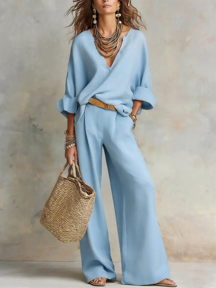 Leonie | Damen Leinenoptik Zweiteiler Relaxed-Fit Wide Leg Pants Set V-Ausschnitt