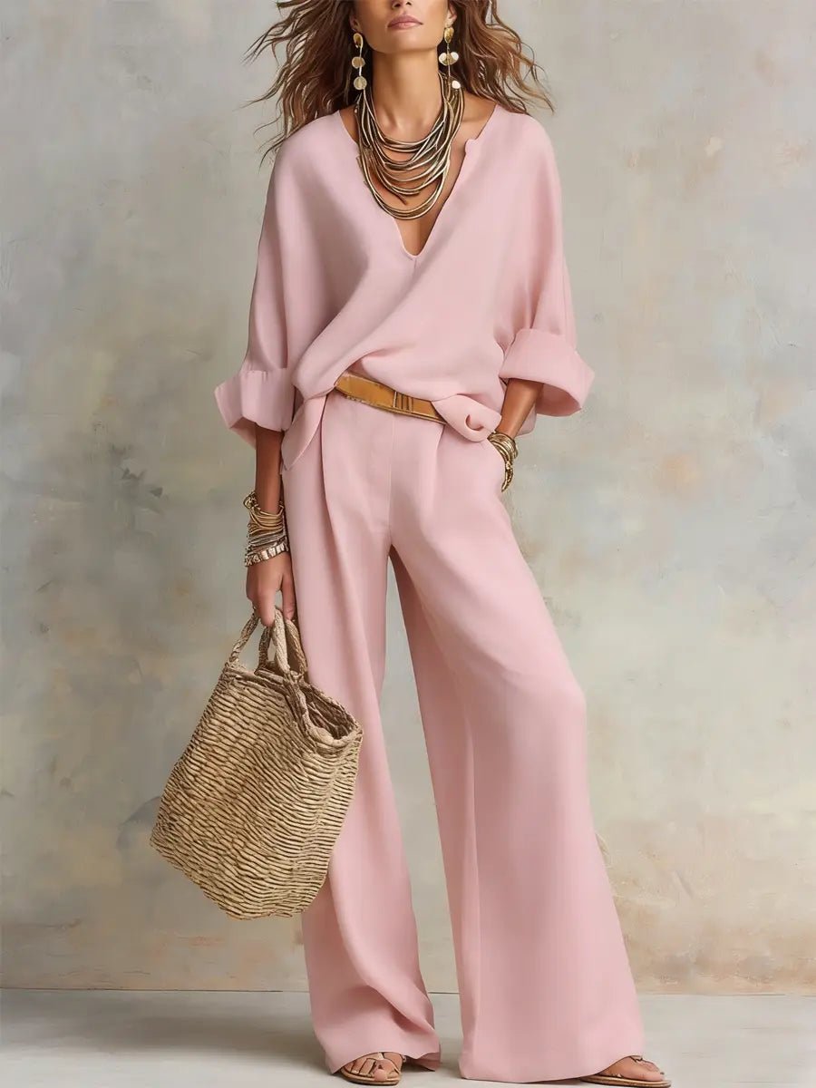 Leonie | Damen Leinenoptik Zweiteiler Relaxed-Fit Wide Leg Pants Set V-Ausschnitt