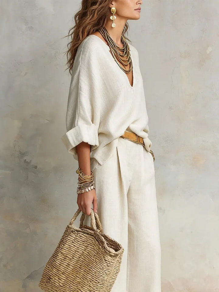 Leonie | Damen Leinenoptik Zweiteiler Relaxed-Fit Wide Leg Pants Set V-Ausschnitt