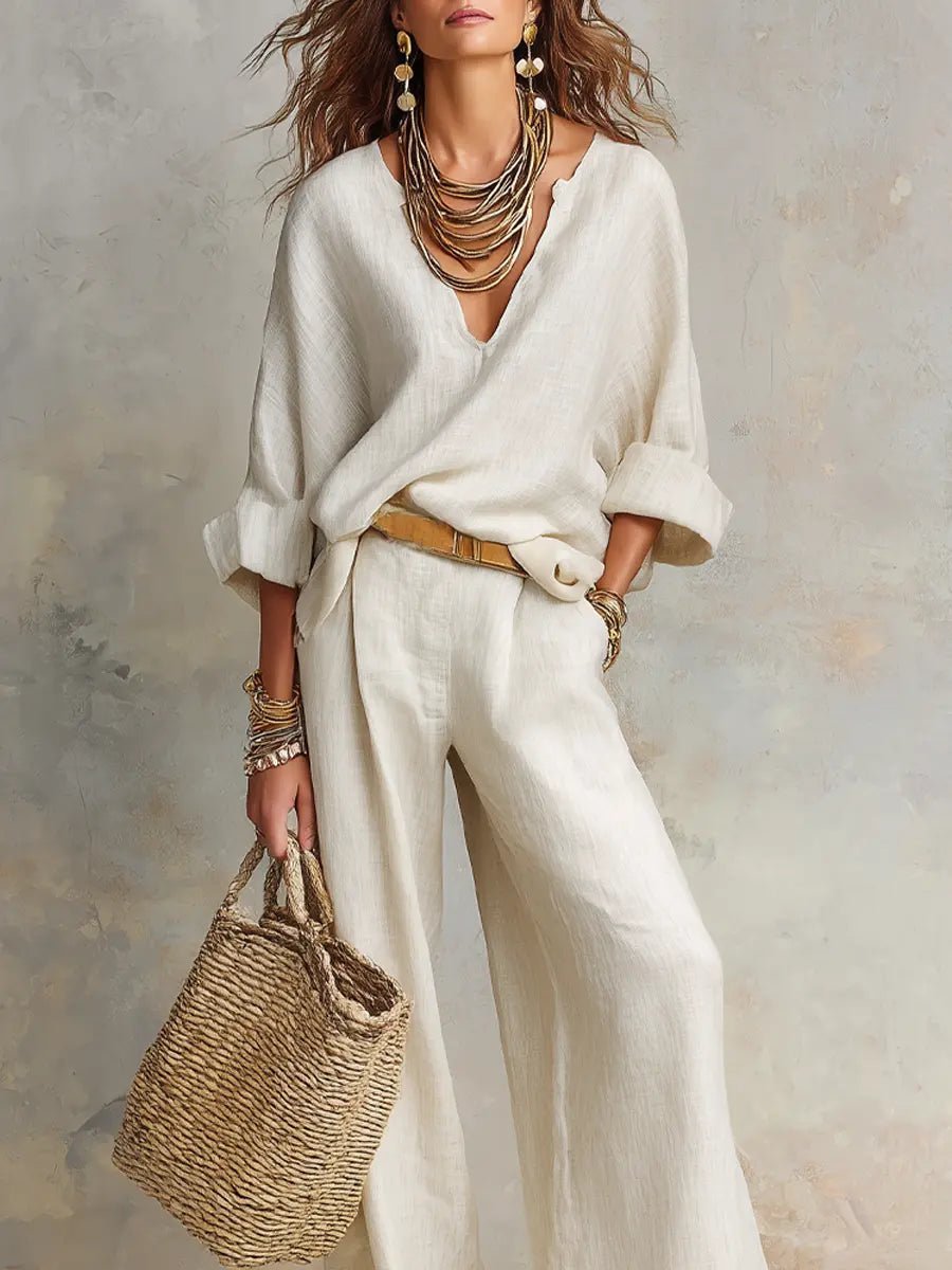 Leonie | Damen Leinenoptik Zweiteiler Relaxed-Fit Wide Leg Pants Set V-Ausschnitt