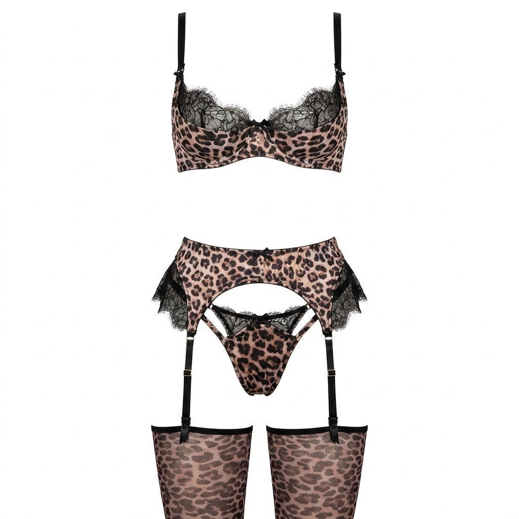 Luisa | Damen Leopardenmuster Spitzen-BH Strumpfgürtel Set