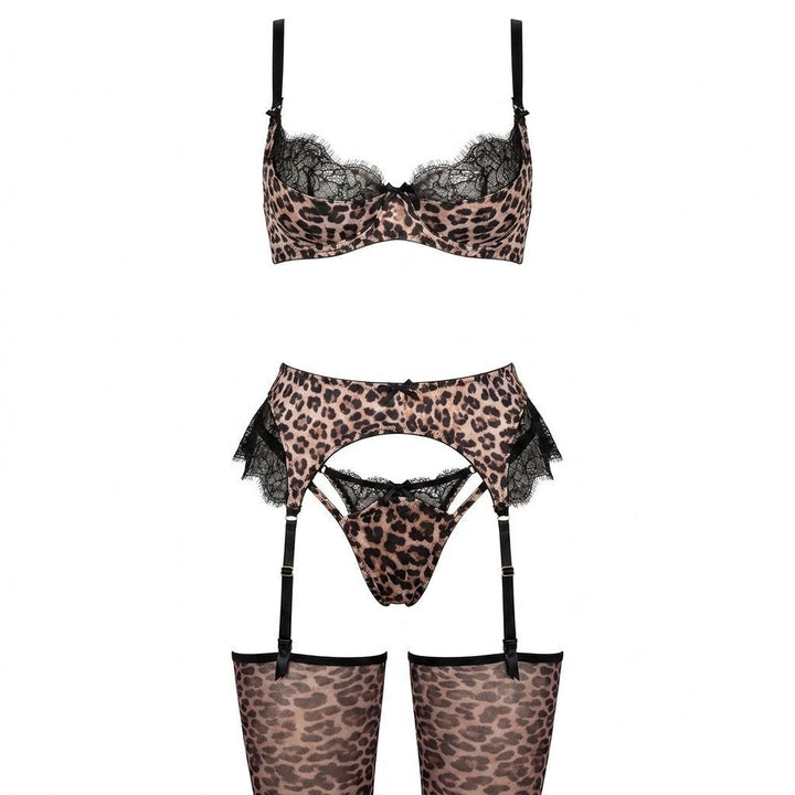 Luisa | Damen Leopardenmuster Spitzen-BH Strumpfgürtel Set