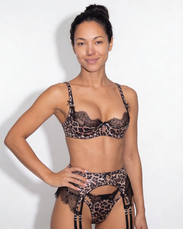 Luisa | Damen Leopardenmuster Spitzen-BH Strumpfgürtel Set