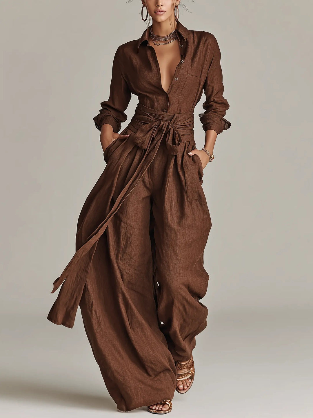 Annika | Damen Linen Langarm Hemdkragen Gürtel Jumpsuit