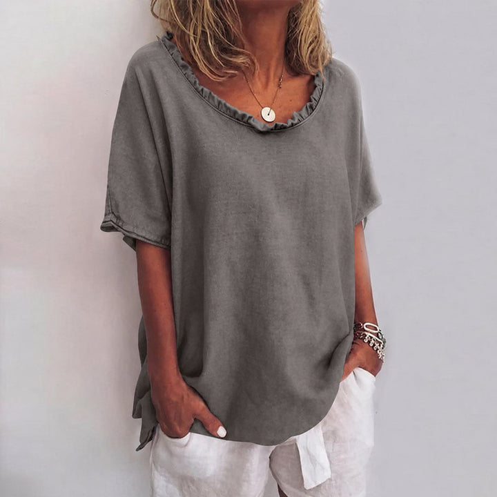 Marie | Damen Lockere Kurzarm-Bluse mit Rüschenkragen Leinenoptik