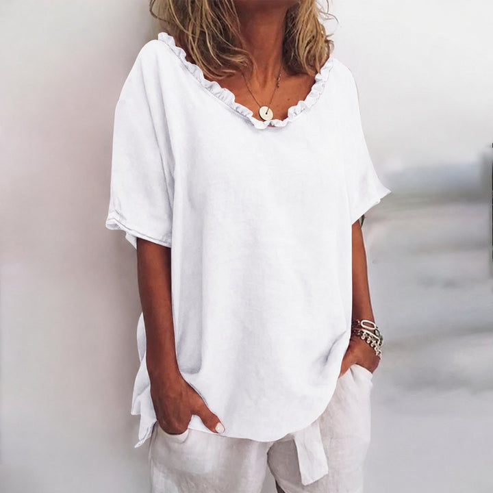 Marie | Damen Lockere Kurzarm-Bluse mit Rüschenkragen Leinenoptik