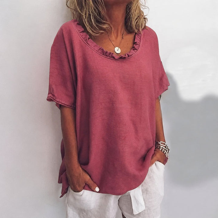 Marie | Damen Lockere Kurzarm-Bluse mit Rüschenkragen Leinenoptik