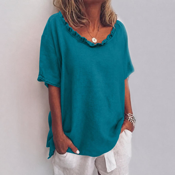 Marie | Damen Lockere Kurzarm-Bluse mit Rüschenkragen Leinenoptik