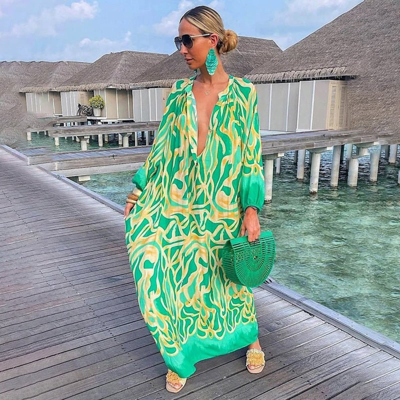 Clara | Damen Lockere Maxi-Kaftan-Strandtunika mit Abstraktem Print