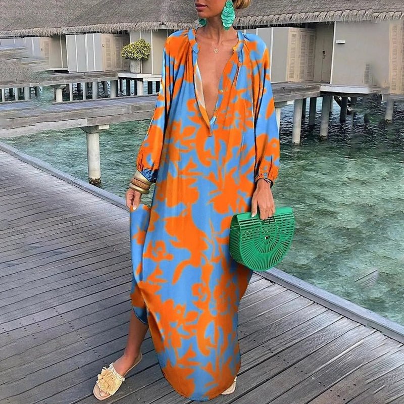 Clara | Damen Lockere Maxi-Kaftan-Strandtunika mit Abstraktem Print