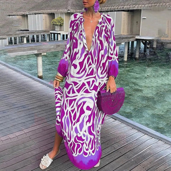 Clara | Damen Lockere Maxi-Kaftan-Strandtunika mit Abstraktem Print