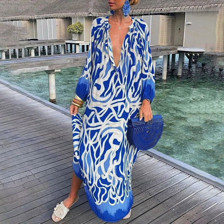 Clara | Damen Lockere Maxi-Kaftan-Strandtunika mit Abstraktem Print
