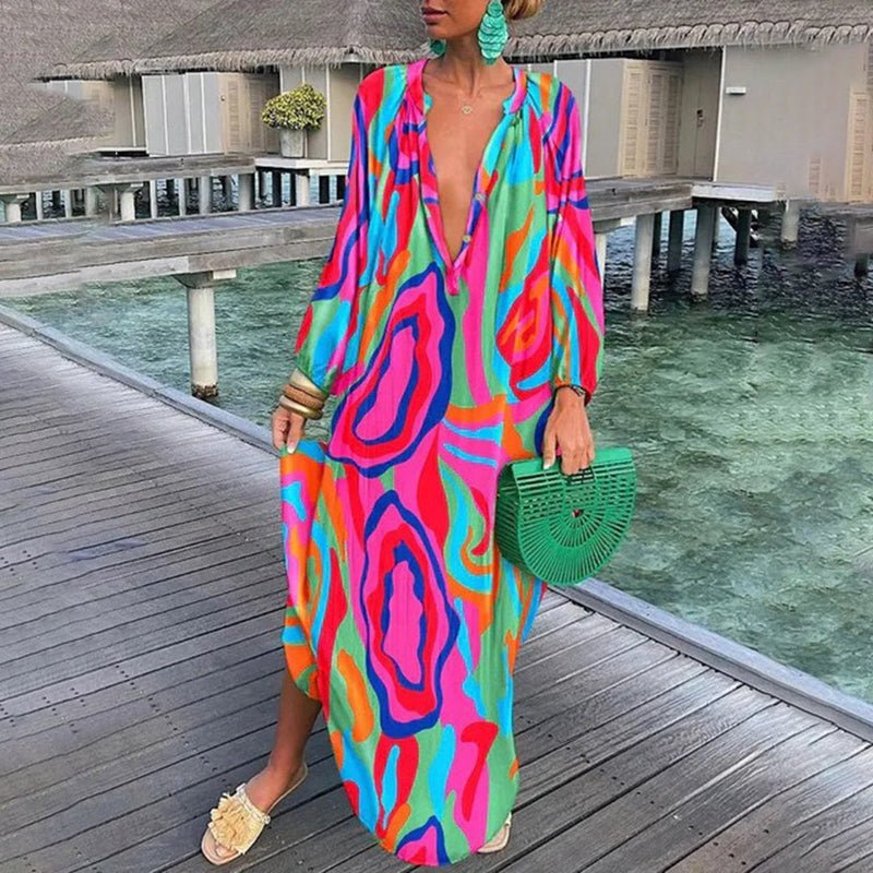 Clara | Damen Lockere Maxi-Kaftan-Strandtunika mit Abstraktem Print