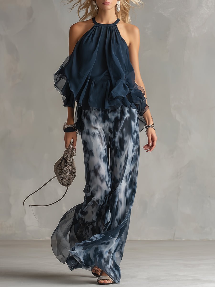Leonie | Damen Neckholder Bluse Weites Bein Zweiteiler Hosenset