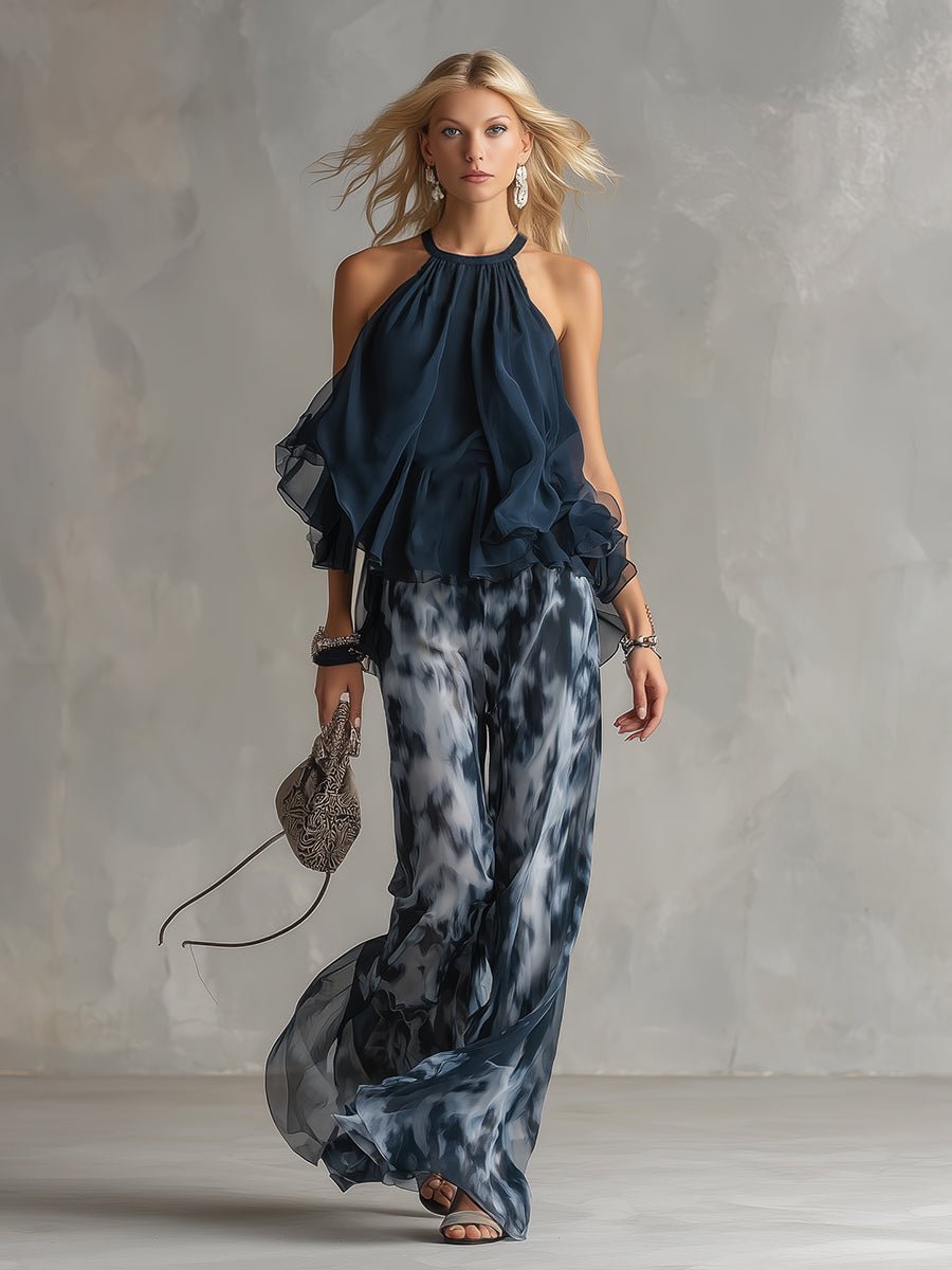 Leonie | Damen Neckholder Bluse Weites Bein Zweiteiler Hosenset