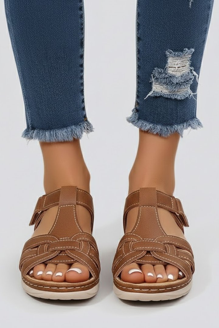 Leonie | Damen Offene Riemchen-Sandalen mit Klettverschluss Flechtoptik