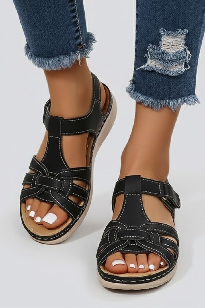 Charlotte | Damen Offene Riemchen-Sandalen mit Klettverschluss Flechtoptik