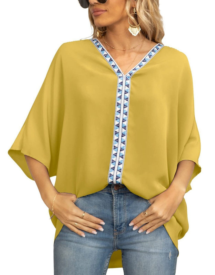 Luisa | Damen Oversized Tunika V-Ausschnitt Geometrisches Stickerei-Oberteil