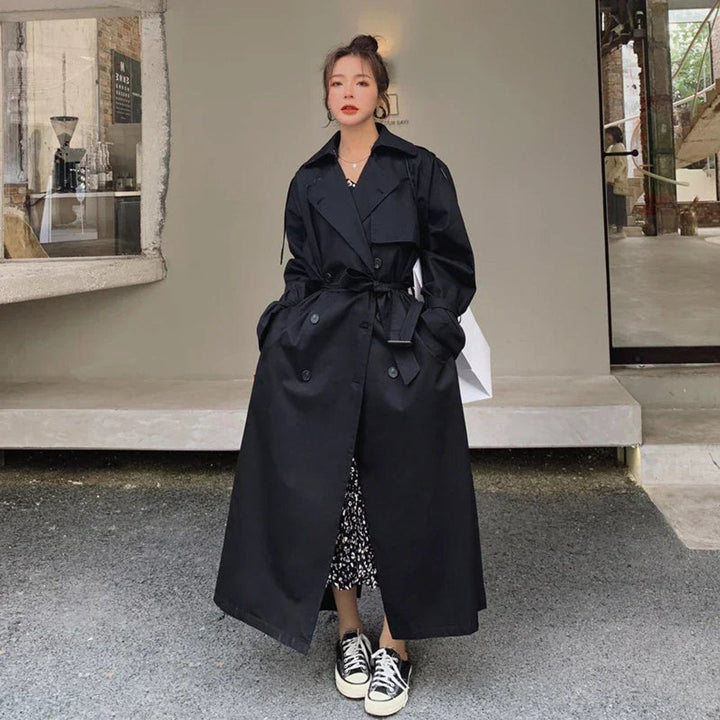 Emilia | Damen Oversized Zweireiher Maxi Trench Coat mit Bindegürtel