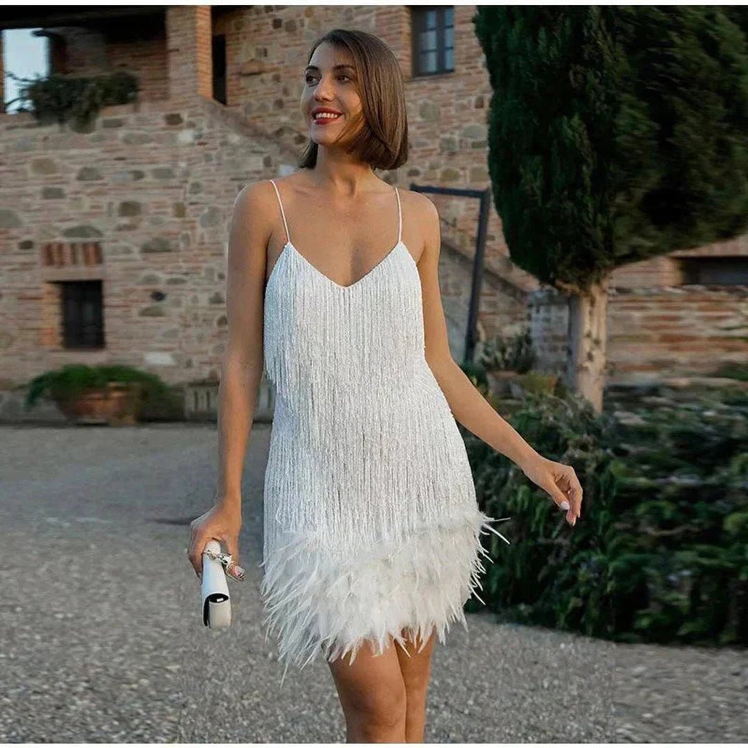 Johanna | Damen Pailletten-Fransen Cocktailkleid mit Federbesatz Mini
