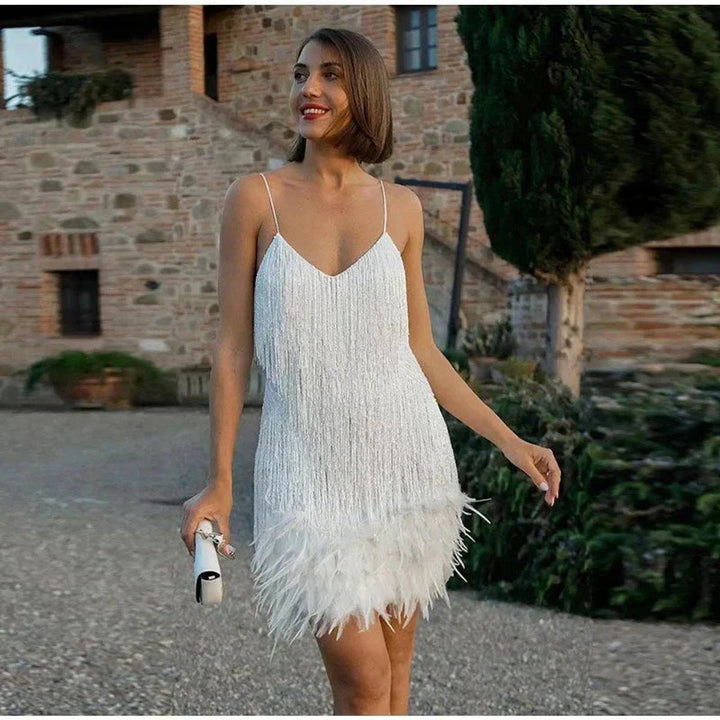 Johanna | Damen Pailletten-Fransen Cocktailkleid mit Federbesatz Mini