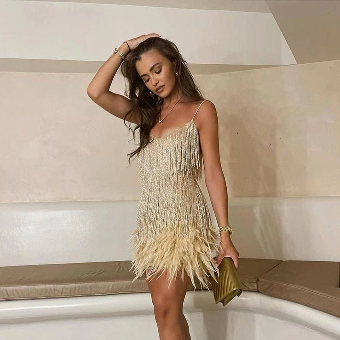 Johanna | Damen Pailletten-Fransen Cocktailkleid mit Federbesatz Mini