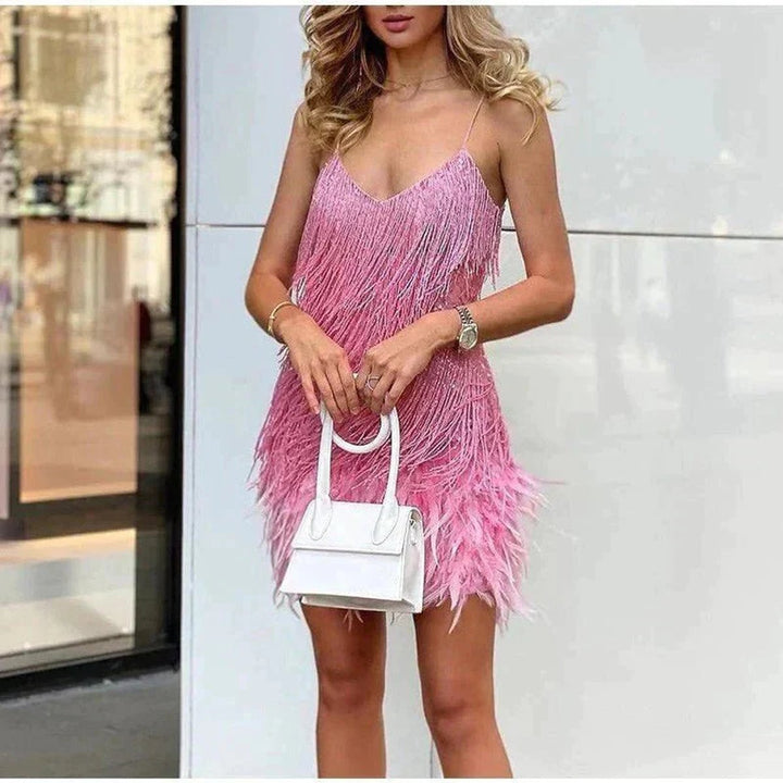 Johanna | Damen Pailletten-Fransen Cocktailkleid mit Federbesatz Mini
