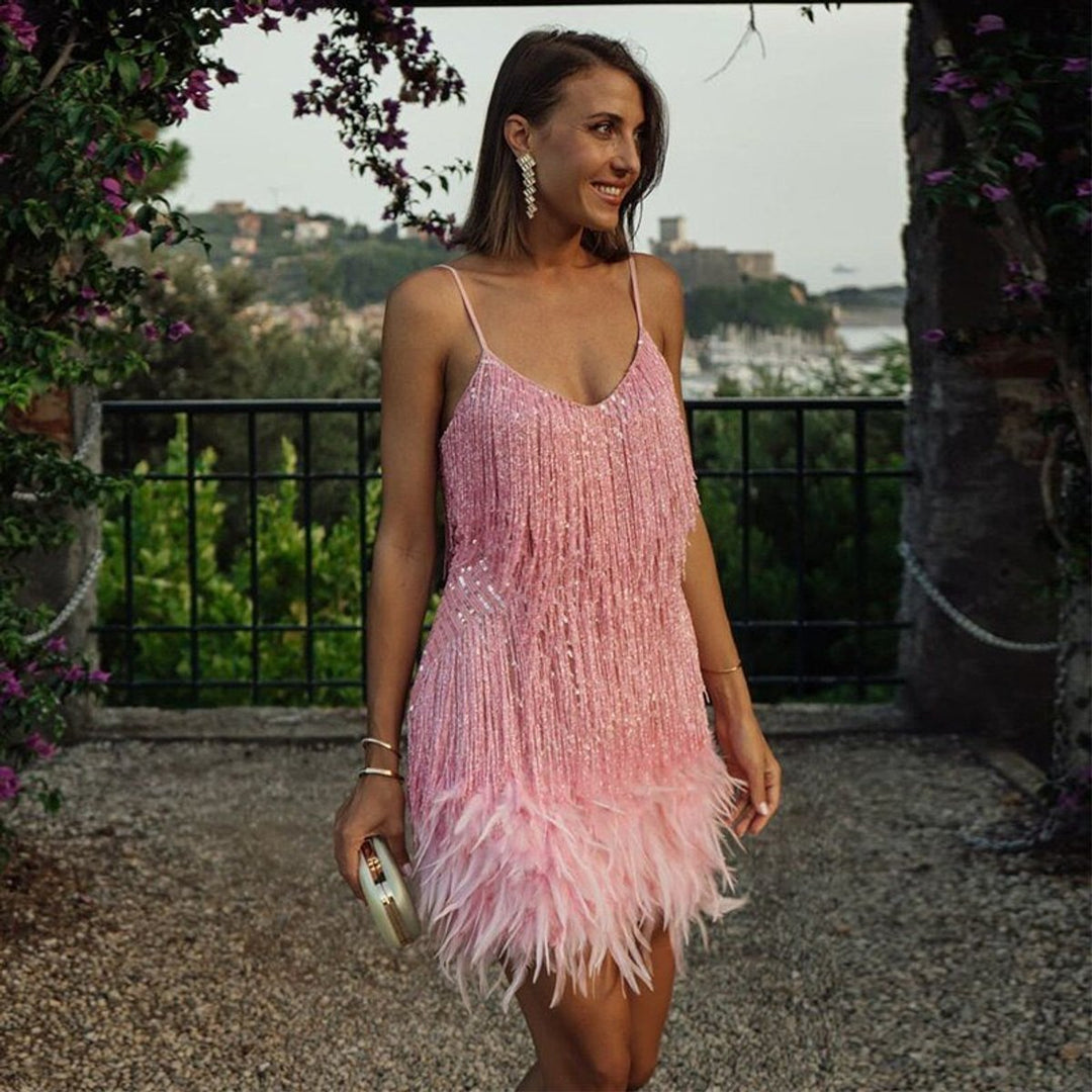 Johanna | Damen Pailletten-Fransen Cocktailkleid mit Federbesatz Mini