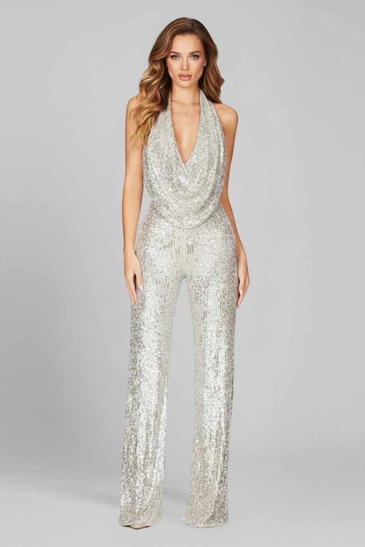 Elisabeth | Damen Pailletten-Jumpsuit Neckholder Weite Beine Cowl-Ausschnitt