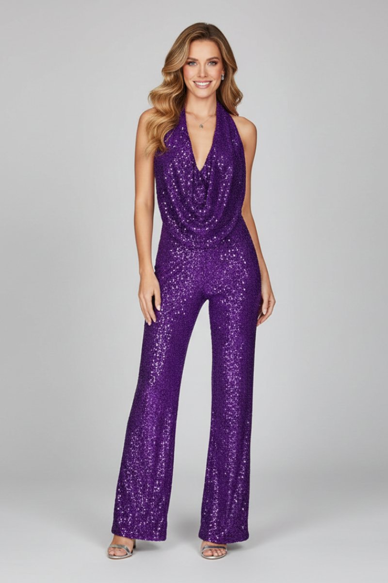 Elisabeth | Damen Pailletten-Jumpsuit Neckholder Weite Beine Cowl-Ausschnitt