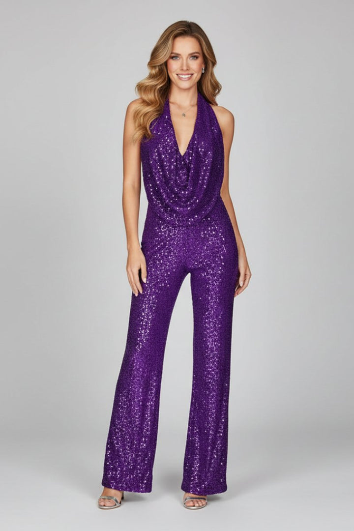 Elisabeth | Damen Pailletten-Jumpsuit Neckholder Weite Beine Cowl-Ausschnitt
