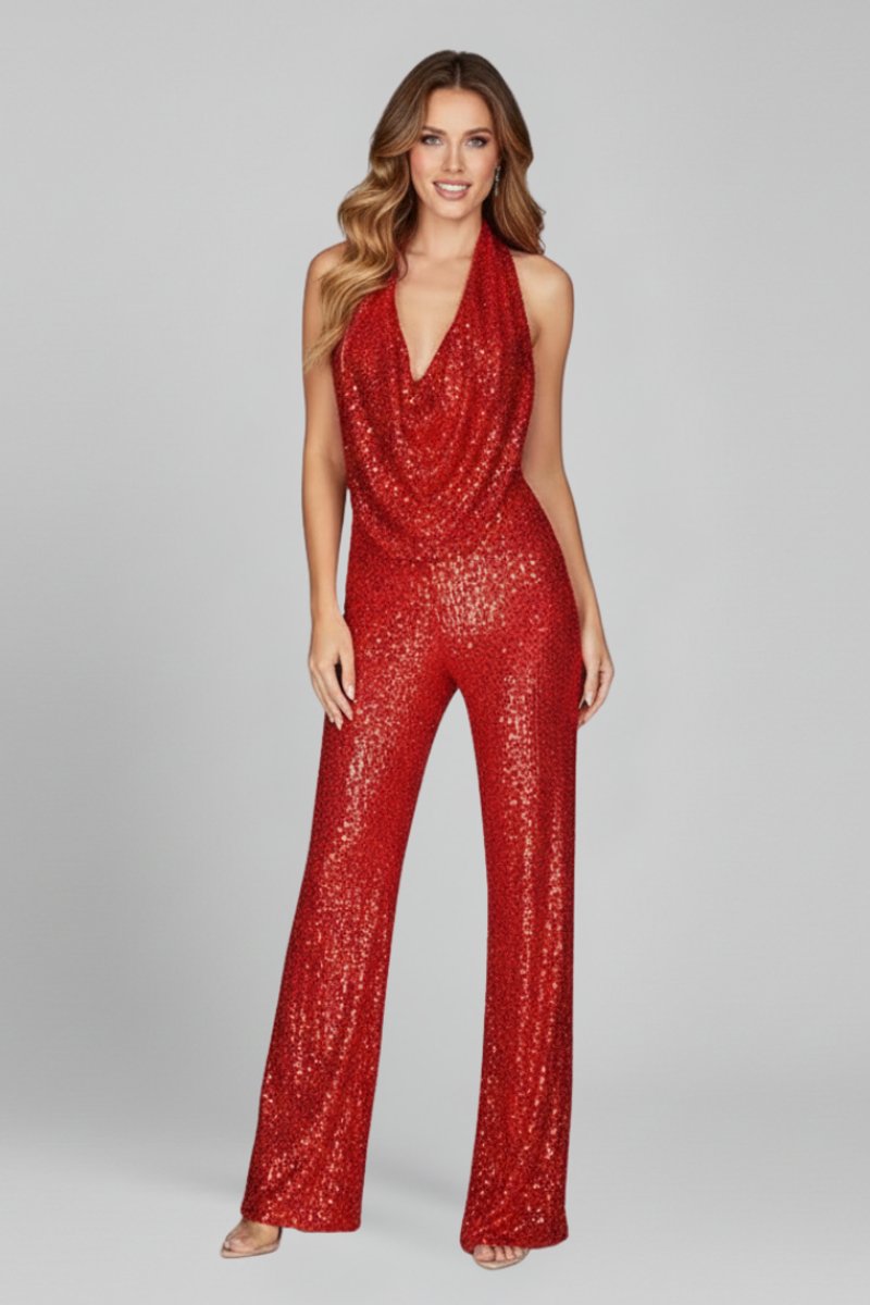 Elisabeth | Damen Pailletten-Jumpsuit Neckholder Weite Beine Cowl-Ausschnitt