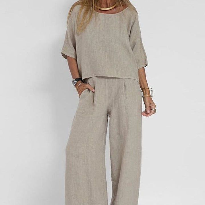 Marie | Damen Relaxed-Fit Leinen-Bluse Hose Set elegant bequem