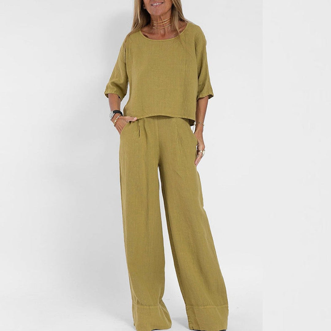 Marie | Damen Relaxed-Fit Leinen-Bluse Hose Set elegant bequem