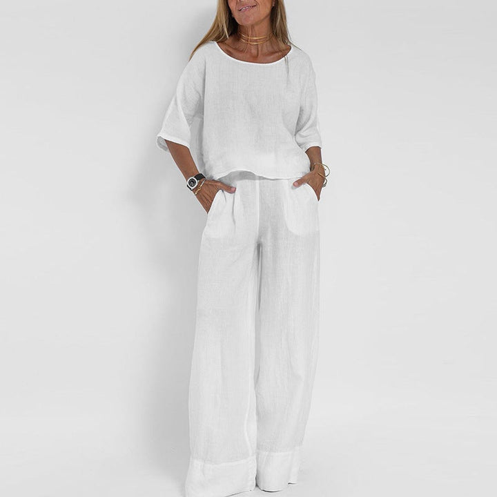 Marie | Damen Relaxed-Fit Leinen-Bluse Hose Set elegant bequem