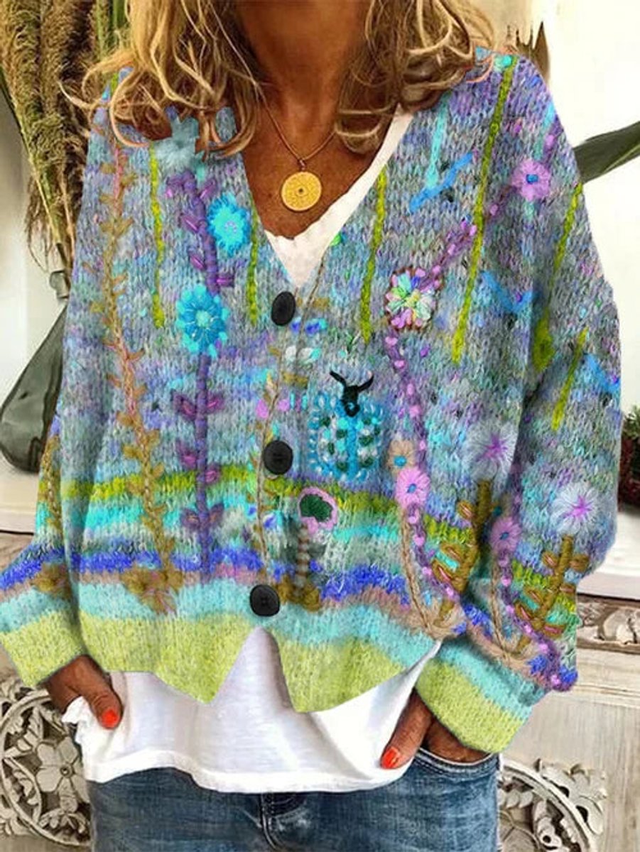 Marie | Damen Retro Blumen-Cardigan mit Knopfleiste in Buntem Strickdesign
